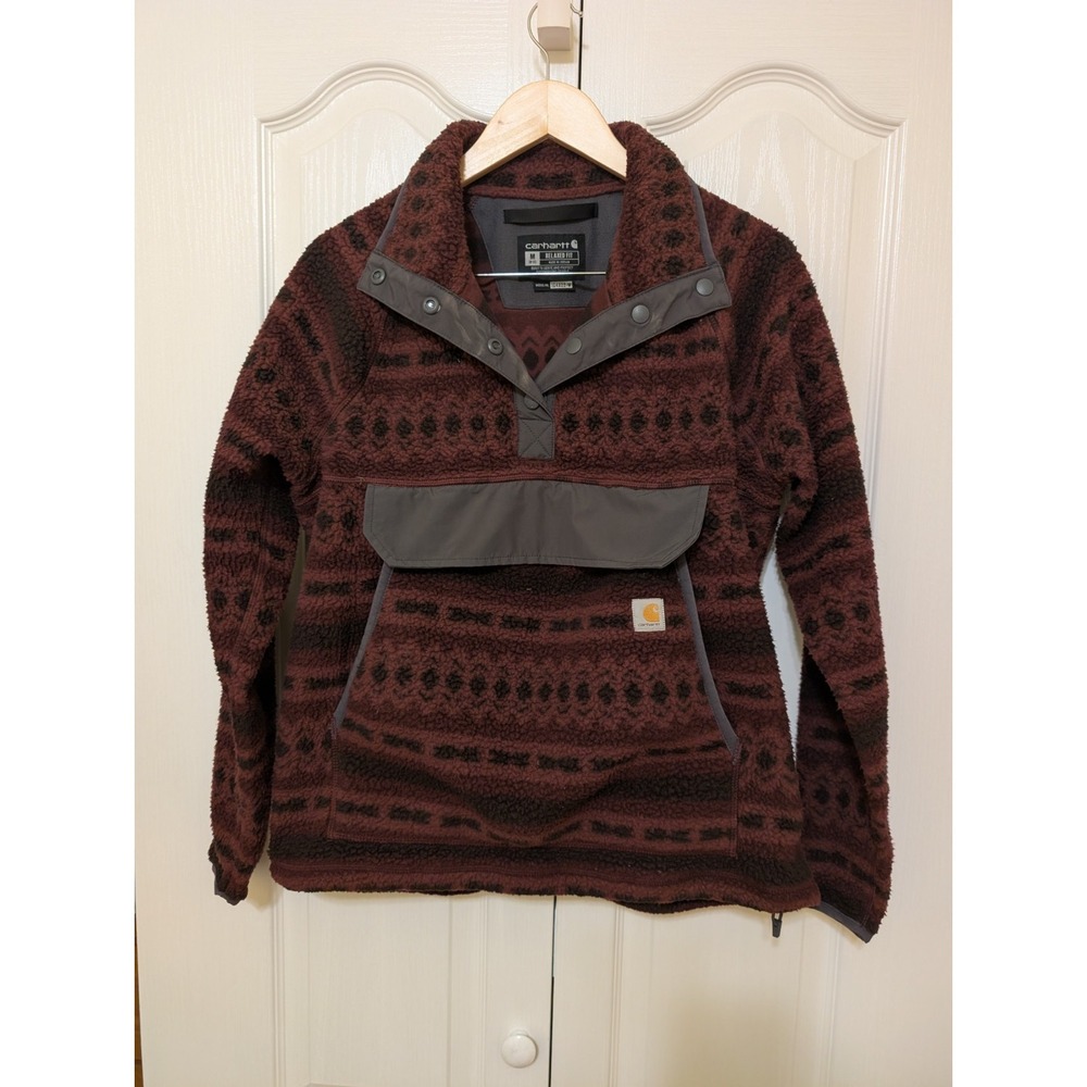 Carhartt Fleece Jacket Womens Medium Red Sherpa Aztec Snap Pullover Relaxed Fit